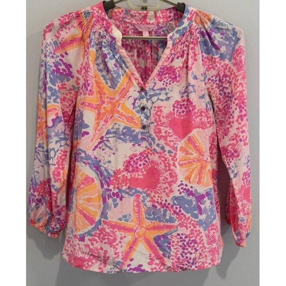 Lilly Pulitzer Elsa Silk Blouse Long Sleeve Shirt Starfish Print Size S